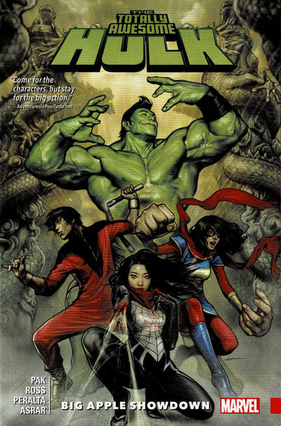 cover to Totally Awesome Hulk: Big Apple Showdown: Hulk, Ms. Marvel, Shang Chi, and Silk prepare for battle

Written by Greg Pak
Illustrated by Luke Ross, et al.

Cover by Stonehouse