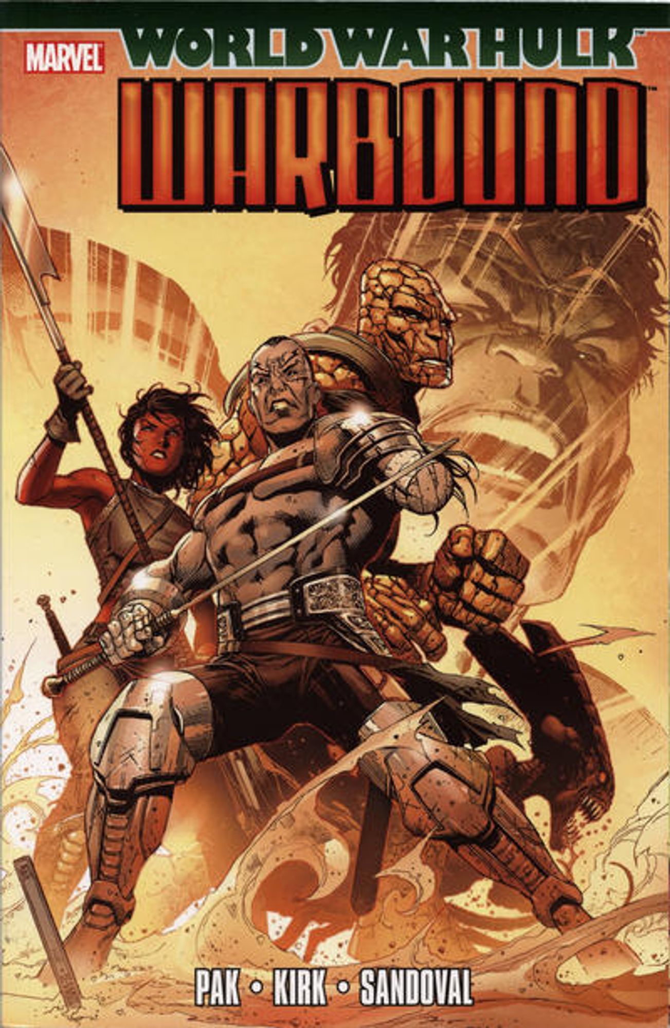 cover to World War Hulk: Warbound - Korg, Elloe Kaifi, Hiroim, and No-Name ready for battle, the Hulk superimposed behind them.

Cover by Jim Cheung