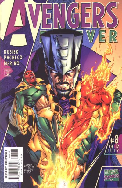 cover to Avengers Forever 8: Immortus Lord of Time (aka Kang the Conqueror) separates the Vision from the android Human Torch.

Kurt Busiek Carlos Pacheco

Cover by Carlos Pacheco