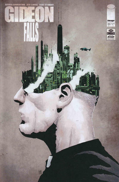 cover to Gideon Falls 23: a man's head in profile with the top half removed and replaced with a cityscape.  He is wearing a clerical collar.

Cover by Andrea Sorrentino