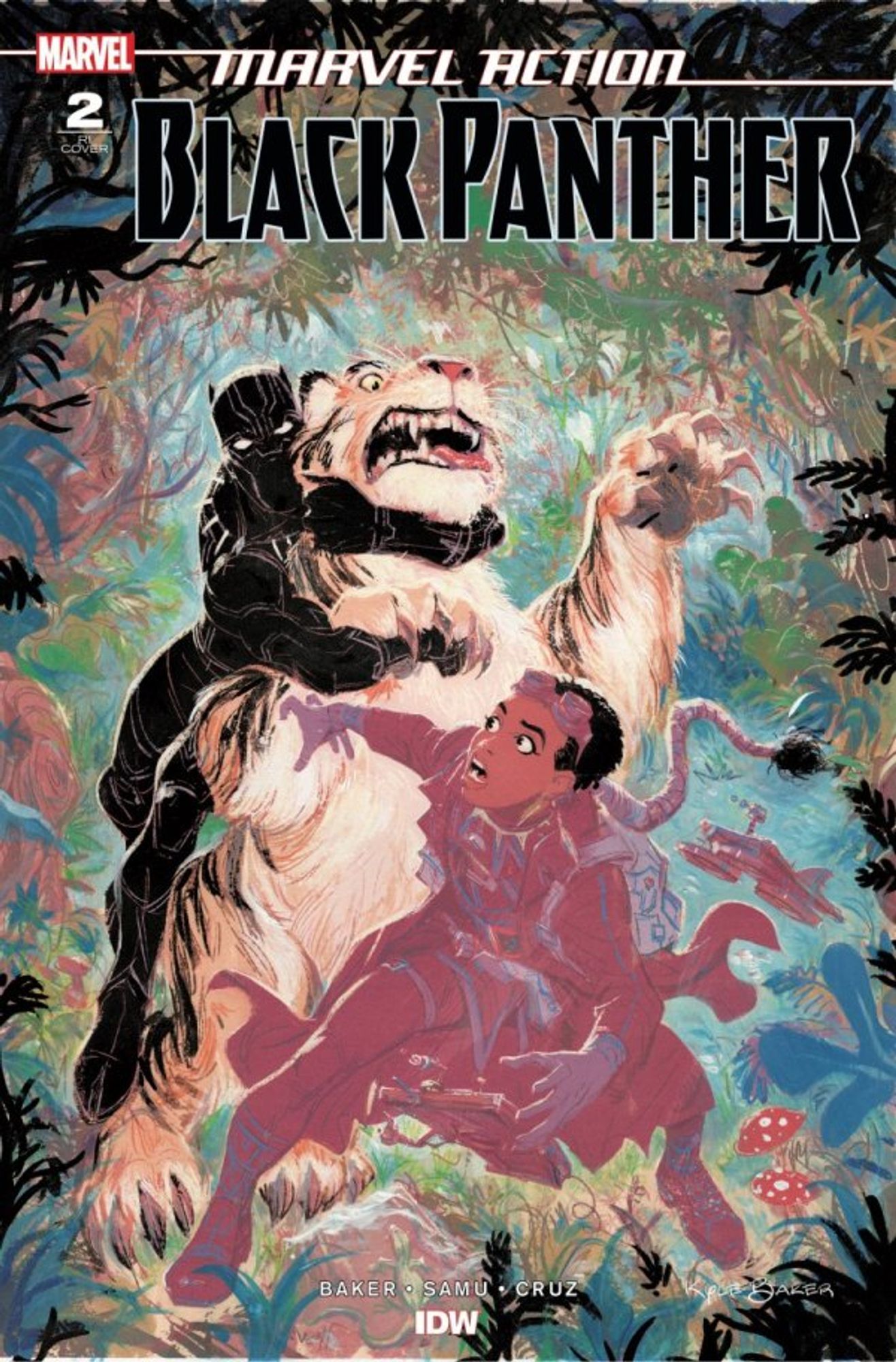 Alternate cover to Marvel Action Black Panther 2: a white tiger attacks Shuri while Black Panther grabs it from behind.

Written by Kyle Baker
Illustrated by Juan Samu

Cover by Kyle Baker