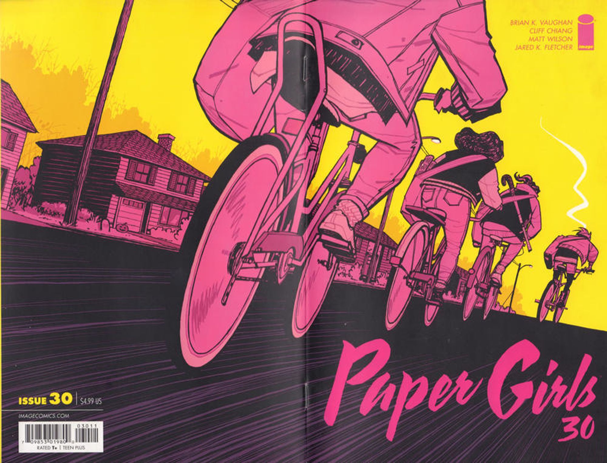 wrap-around cover to Paper Girls 30: The four girls bike away from the reading, into the horizon.

Cover by Cliff Chiang