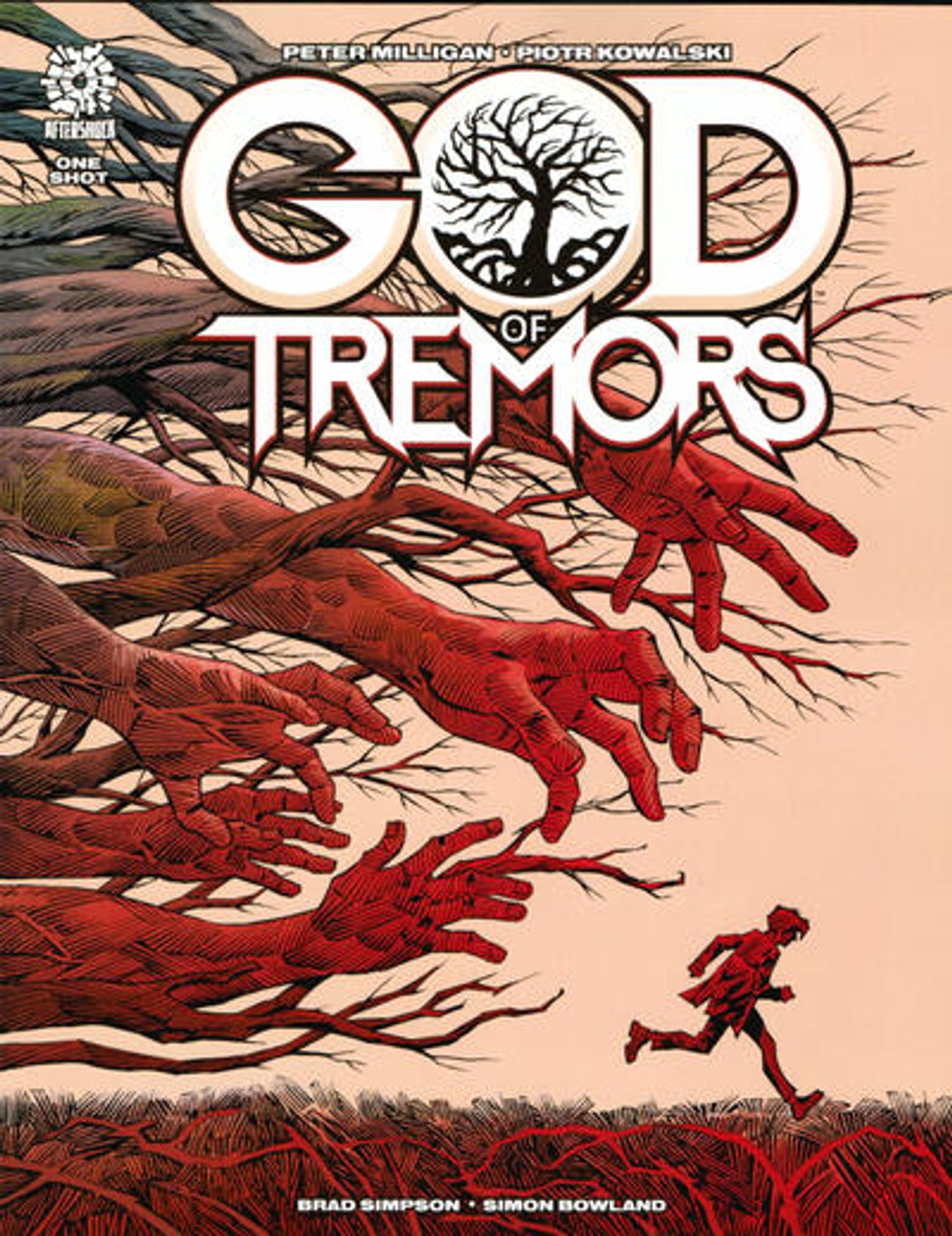 cover to God of Tremors: a boy run away from several trees branches that reach out toward him, forming human hands

Cover by Piotr Kowalski