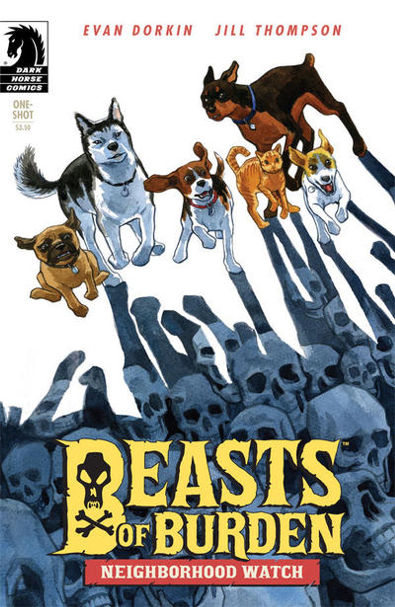 cover to Beasts of Burden: Neighborhood Watch: The six members of the cast (five dogs and one cat) face the reader, their long shadows containing many human skulls

Cover by Jill Thompson