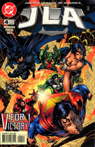 cover to JLA 4: The JLA (Superman, Wonder Woman, Flash (Wally West), Green Lantern (Kyle Rayner), Batman, Aquaman, and Martian Manhunter) fly toward the reader in action poses

Text: "V for Victory!"

Cover by Howard Porter