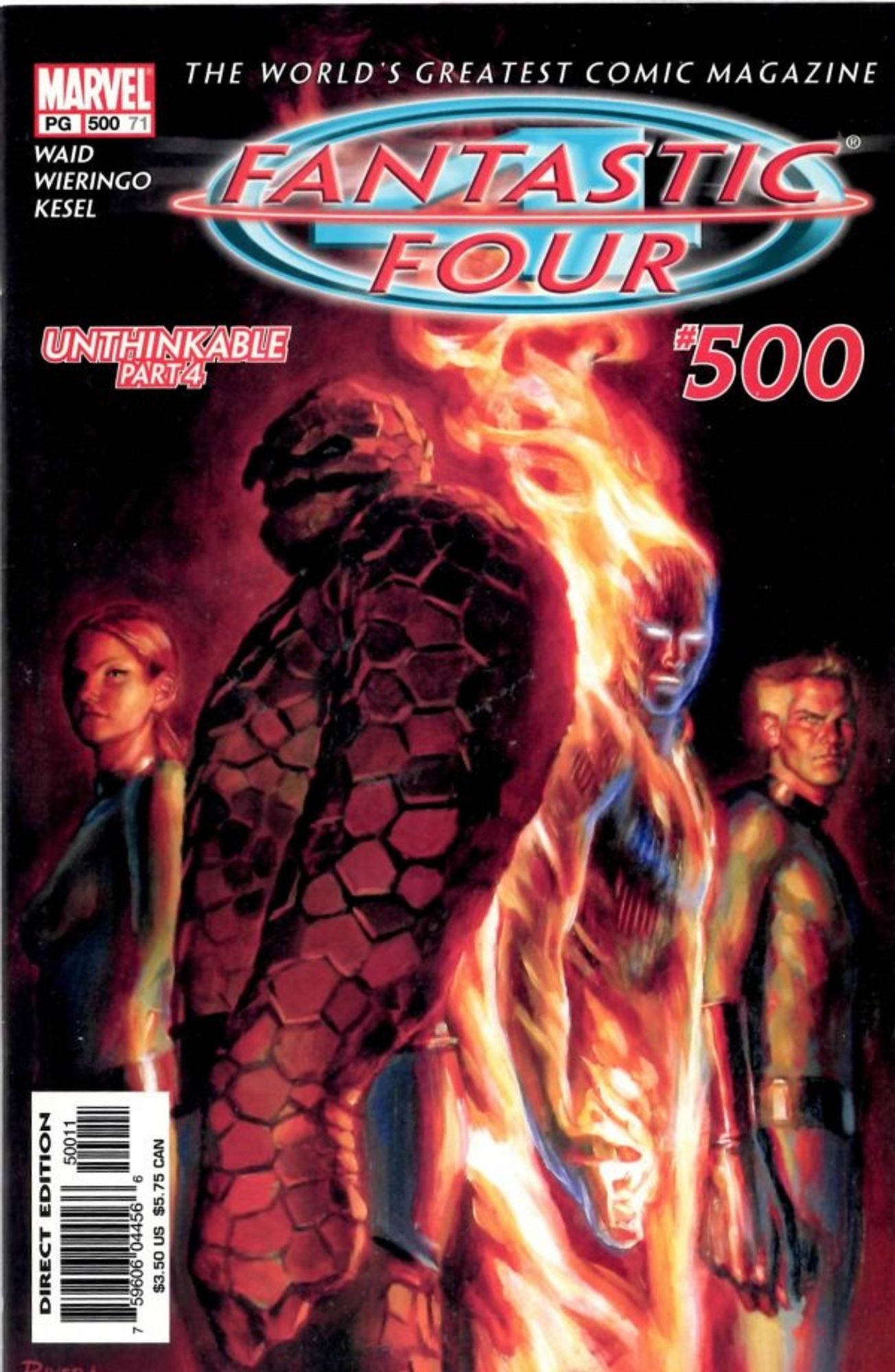 cover to Fantastic Four 500: The Fantastic Four stand in profile, their heads facing the reader.  It is a dark image.

Text: "Unthinkable part 4"

Written by Mark Waid
Illustrated by Mike Wieringo and Karl Kesel

Cover by Paolo Rivera