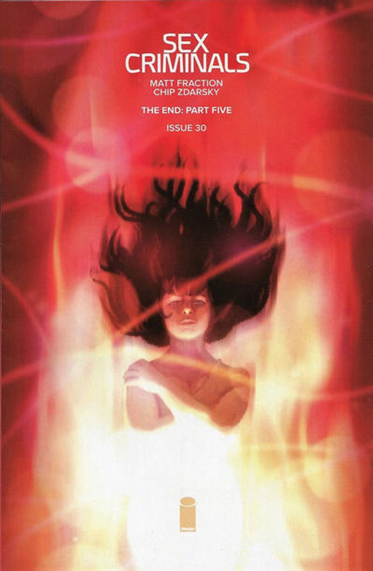 cover to Sex Criminals 30: Suzie is shown in a similar pose to the first issue of the comic.  

Text: "The End: part five"

Cover by Chip Zdarksy