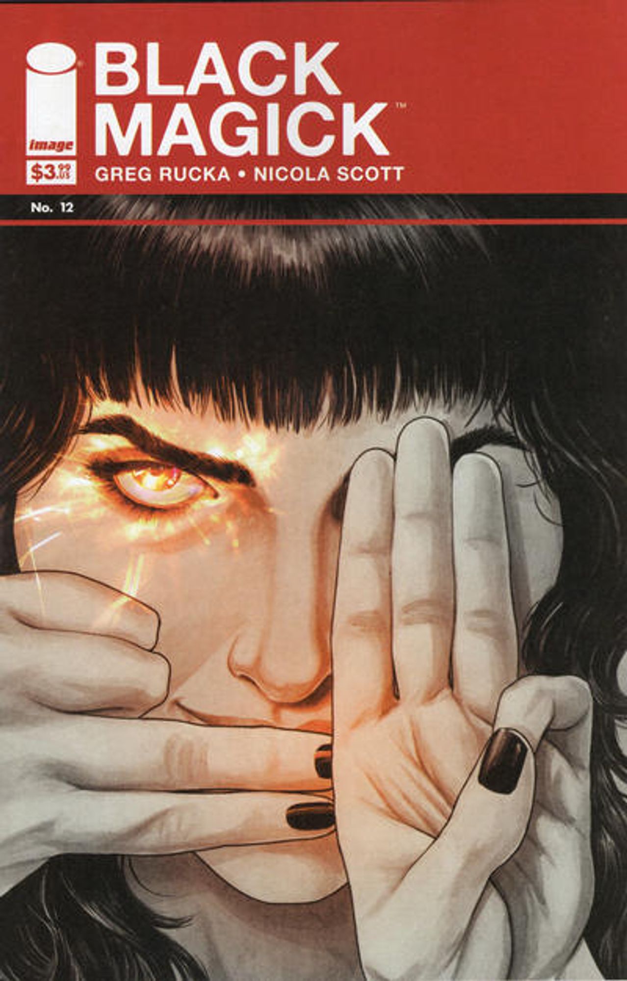 cover to Black Magick 12: Rowan Black holds her hands up to her face in a magical gesture, her right eye glowing.

Cover by Nicola Scott