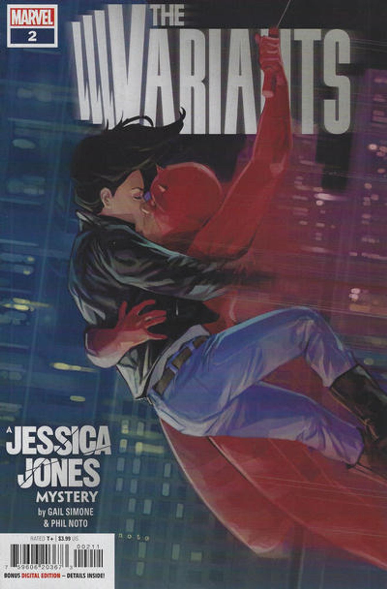 cover to The Variants 2: Daredevil swings with Jessica Jones is his arms.  They kiss.

Text: "A Jessica Jones Mystery"

Cover by Phil Noto