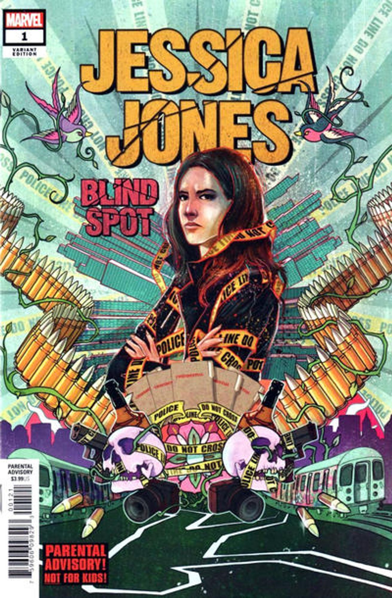 cover to Jessica Jones: Blind Spot 1: Jessica Jones looks at the reader with her arms crossed over her chest and covered in police barricade tape.  She is surrounded by birds, skulls, and bullets.

Cover by Martin Simmonds