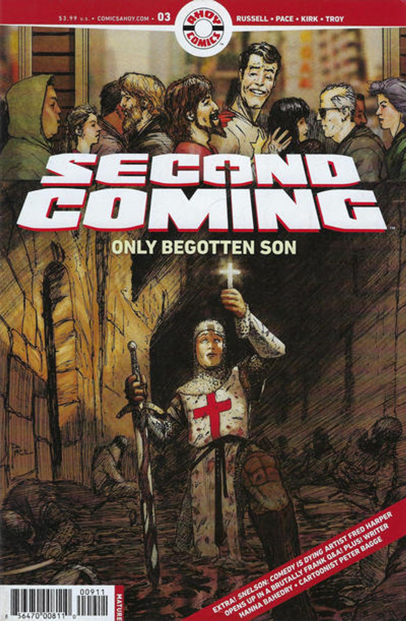 cover to Second Coming: Only Begotten Son 3: a knight of the Crusades holds up a cross.  Above the logo, Jesus and Sunstar smiles at each other as they walk among many people

Cover by Richard Pace