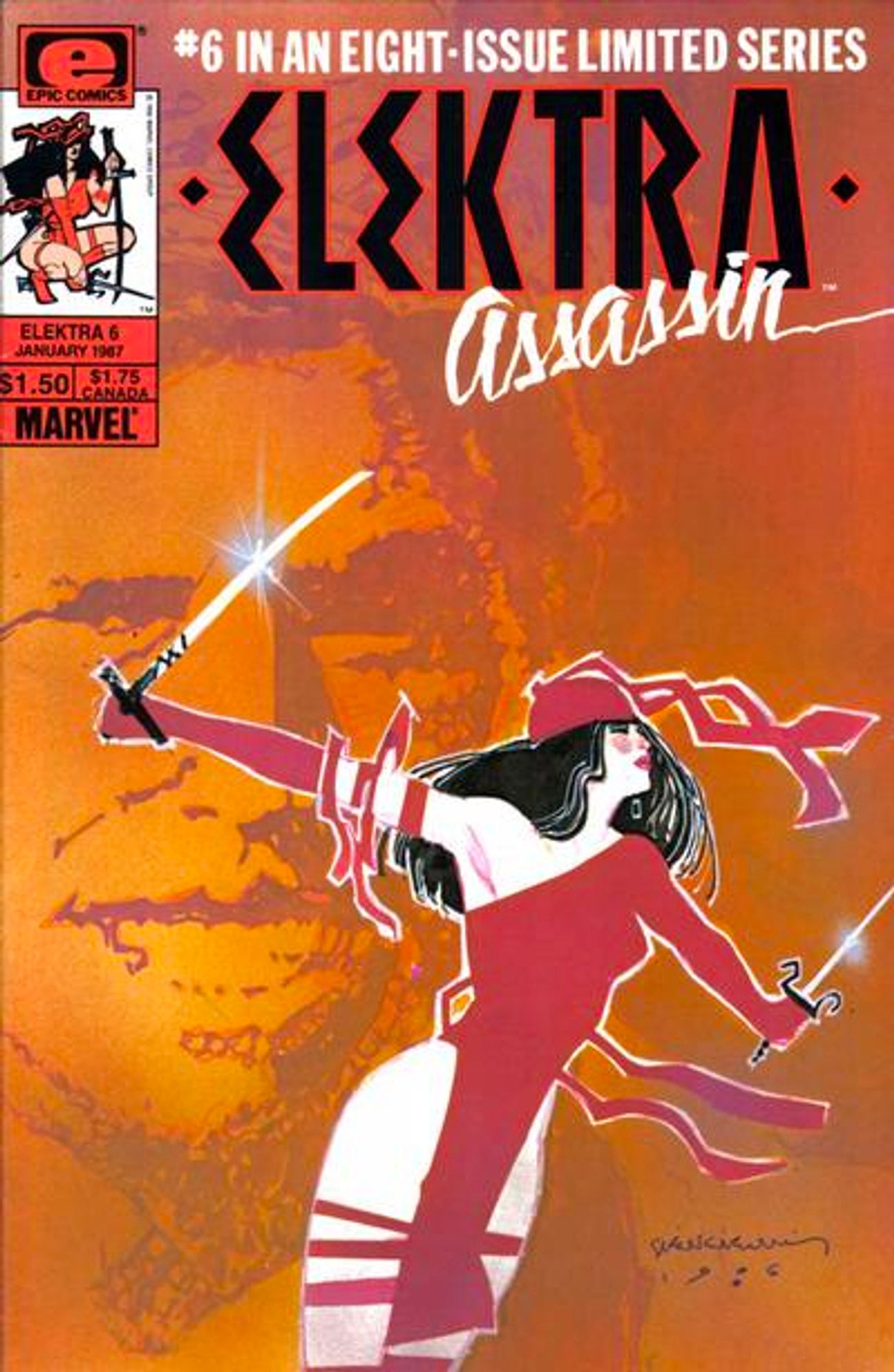 cover to Elektra: Assassin 6: Elektra stands with her arms outstretched, a sword in one hand and a sai in the other.  The face of Ken Wind a superimposed on the background.  

Cover by Bill Siekiewicz