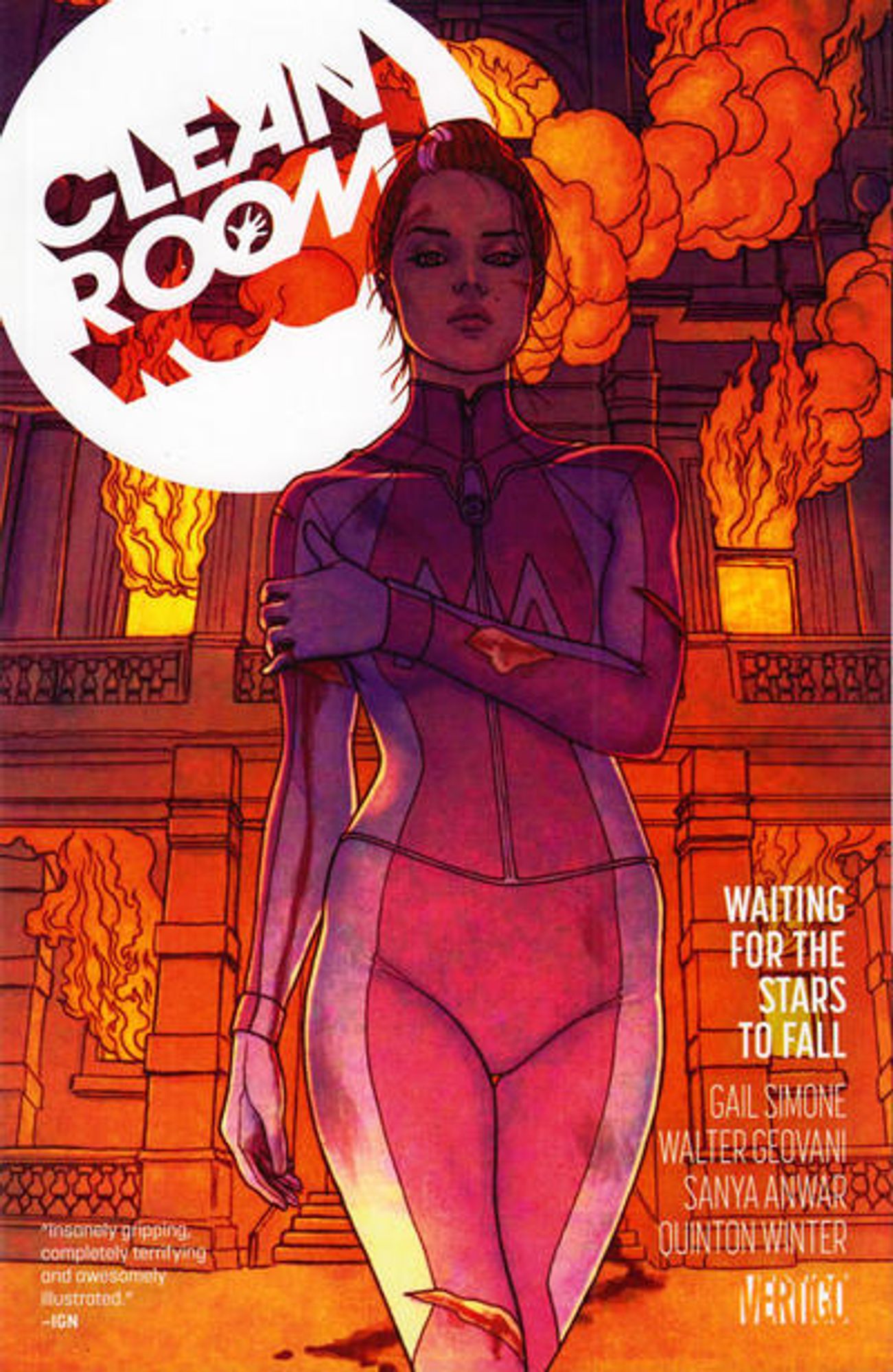 cover to Clean Room: Waiting for the Stars to Fall: Astrid Mueller walks away from a burning building

Written by Gail Simone
Illustrated by Walter Geovani

Cover by Jenny Frison