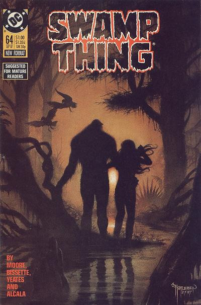 cover to Swamp Thing 64: Swamp Thing and Abbie (in silhouette) walk into the sunset.  

Alan Moore Steve Bissette Tom Yeates Alfredo Alcala

Cover by John Totleben