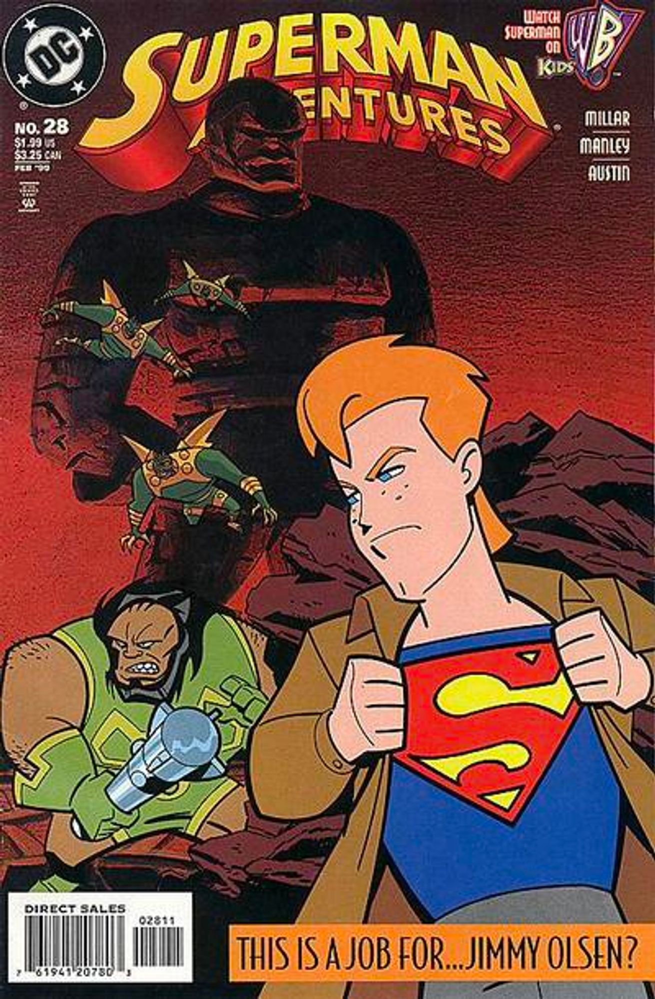 cover to Superman Adventures 28: Jimmy Olsen stands in the foreground opening his shirt to reveal Superman's costume underneath.  Behind him is Kalibak with several parademons around a statue of Darkseid behind him.

Text: "This is a job for... Jimmy Olsen?"

Cover by Rick Burchett