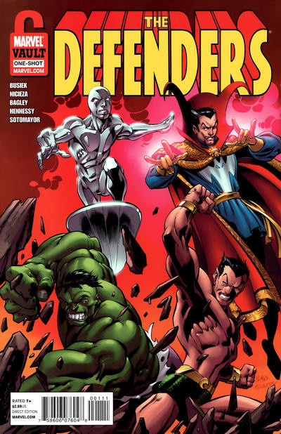 cover to Defenders: From the Marvel Vault: Silver Surfer, Dr. Strange, Hulk, and Namor spring into action.

Written by Kurt Busiek and Fabian Nicieza
Illustrated by Mark Bagley and Andrew Hennessy

Cover by Mark Bagley and Andrew Hennessy