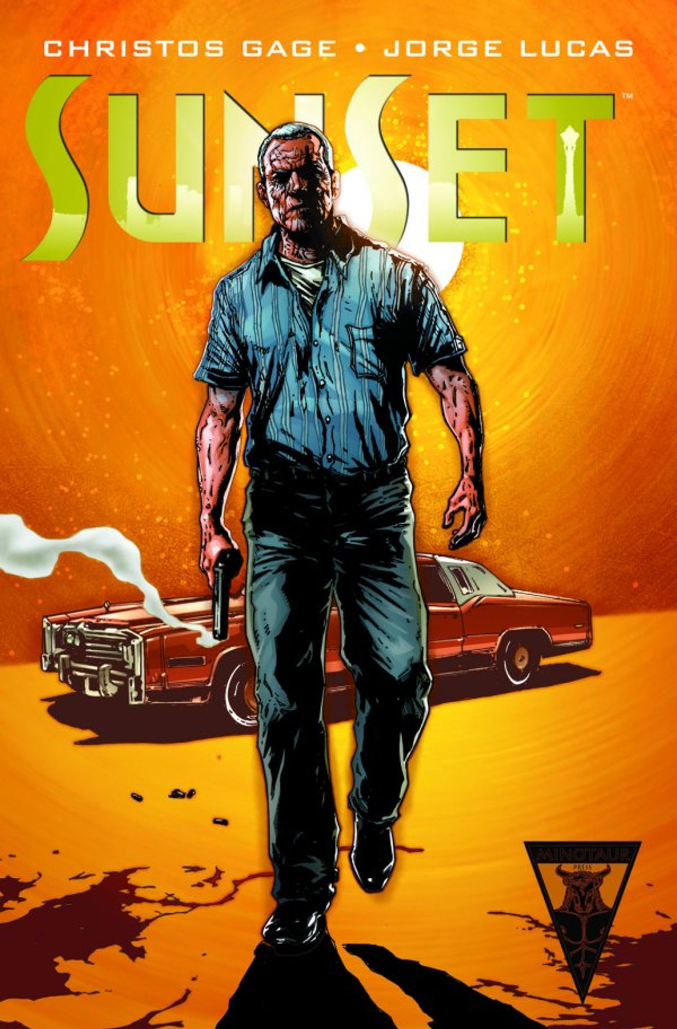 cover to Sunset: a dangerous looking man walks away from a car toward the reader, his arms at his sides and a smoking gun in his hand.

Cover by Jorge Lucas