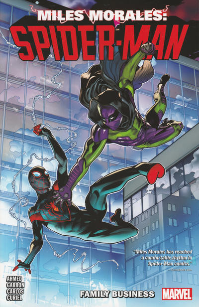 cover to Miles Morales: Family Business: Action shot of Spider-Man and The Prowler fighting mid-air with high-ride buildings behind them.

Cover by Mike Hawthorne