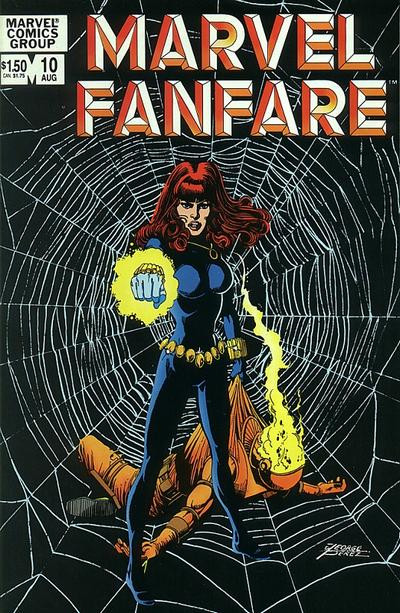 cover to Marvel Fanfare 10: Black Widow stands, holding an unconscious henchmen in one hand while aimed her bites at the reader, a giant spider's web behind her.

Cover by George Perez