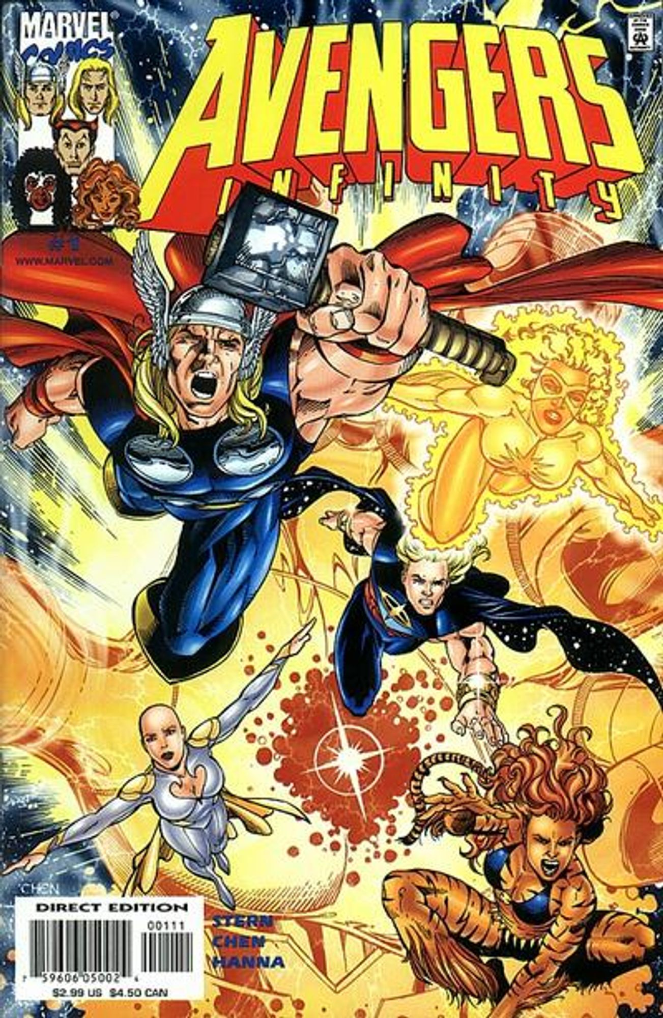 cover to Avengers Infinity 1: Avengers Team Infinity (Thor, Photon, Moondragon, Quasar, Tigra) fly into action.

Written by Roger Stern
Illustrated by Sean Chen and Scott Hanna

Cover by Sean Chen and Scott Hanna