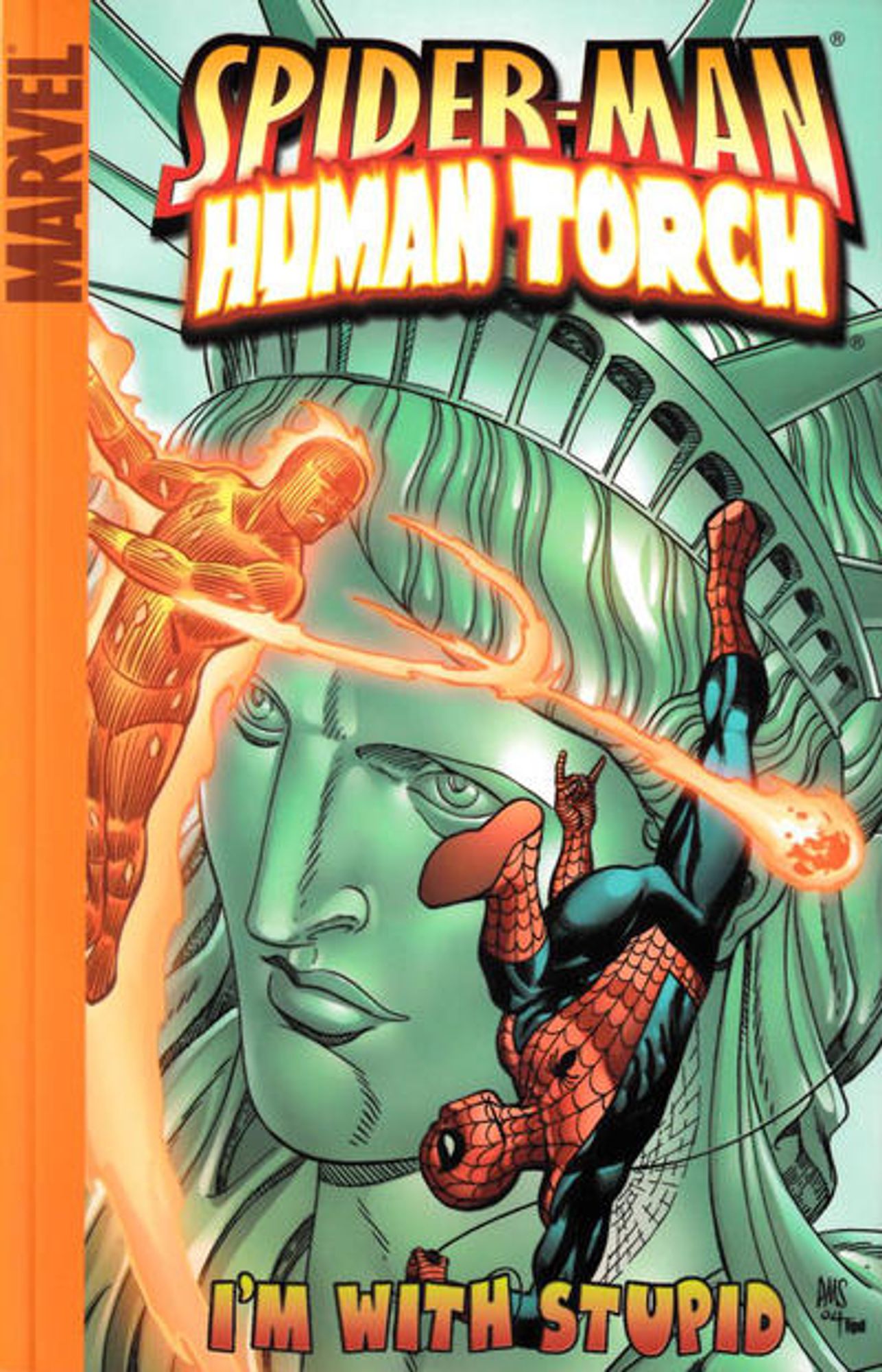 cover to Spider-Man / Human Torch: I'm with Stupid

Human Torch shoots a fireball at Spider-Man while both are in front of the Statue of Liberty.

Cover by Paul Smith