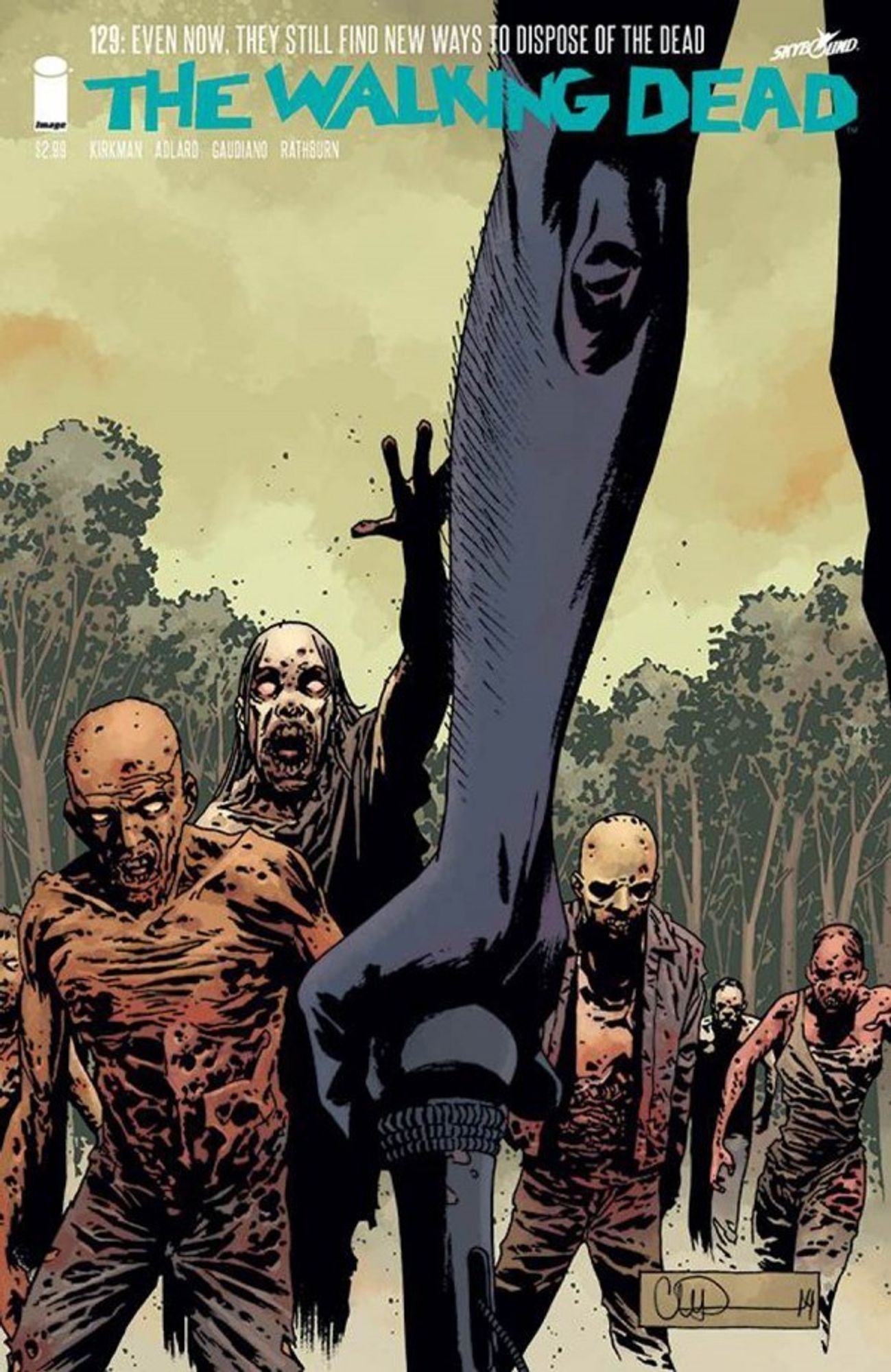 cover to Walking Dead 129: Close up of Rick's arm resting on a walking cane with five zombies walking toward him.

Text: "Even now, they still find new ways to dispose of the dead"

Written by Robert Kirkman
Illustrated by Charlie Adlard and Stefano Gaudiano

Cover by Charlie Adlard