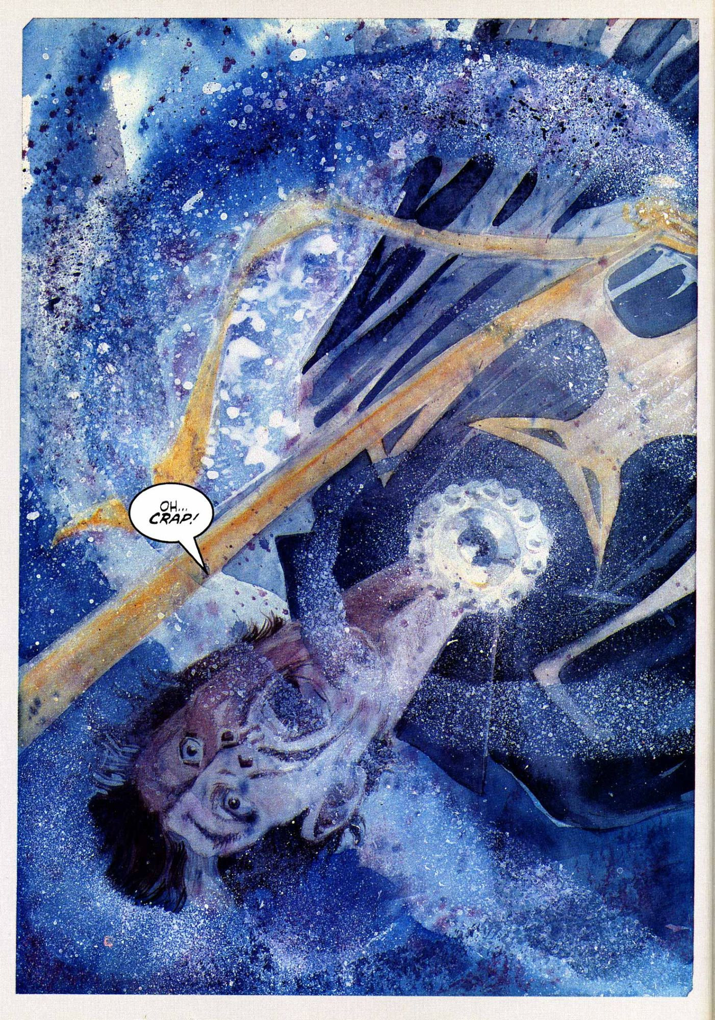 page from Doctor Strange: Into Shamballa: Stephen Strange is upside down and says, "Oh... crap!"