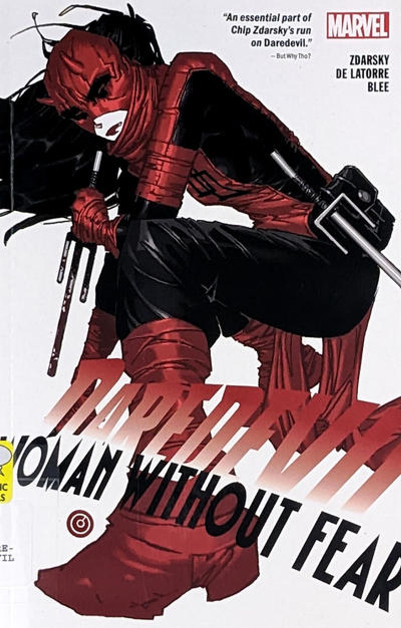 cover to Daredevil: Woman Without Fear: Elektra wears a Daredevil costume, with one Sai in her hand and another at her side.

Cover by Chris Bachalo