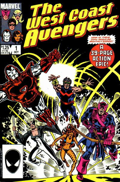 cover to West Coast Avengers 1: Iron Man, Wonder Man, Mockingbird, Tigra, and Hawkeye race toward the reader away from an explosion.

Text: "Now in their own regular monthly series! A 39-page action epic!"

Written by Steve Englehart
Illustrated by Al Milgrom and Joe Sinnott

Cover by Al Milgrom and Joe Sinnott