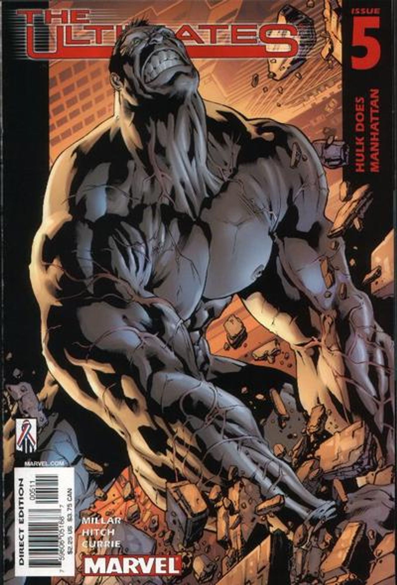 cover to Ultimates 5: The Hulk rages and smashes his fists into the ground.

Text: "Hulk Does Manhattan"

Written by Mark Millar
Illustrated by Bryan Hitch

Cover by Bryan Hitch