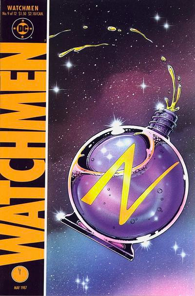 cover to Watchmen 9: a bottle of Nostalgia perfume flies through the air.

Cover by Dave Gibbons