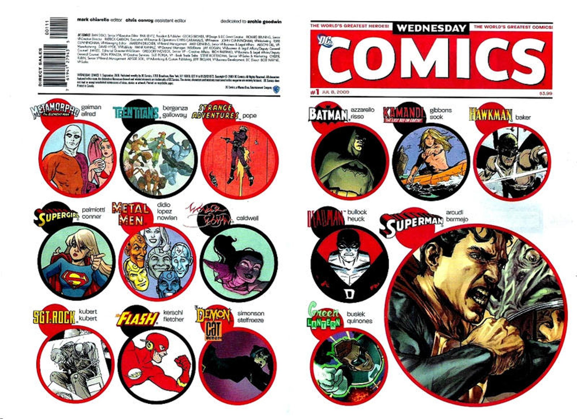 front and back cover to Wednesday Comics 1: 15 circles, each containing an illustration of the 15 stories serialized in this newspaper sized comic.