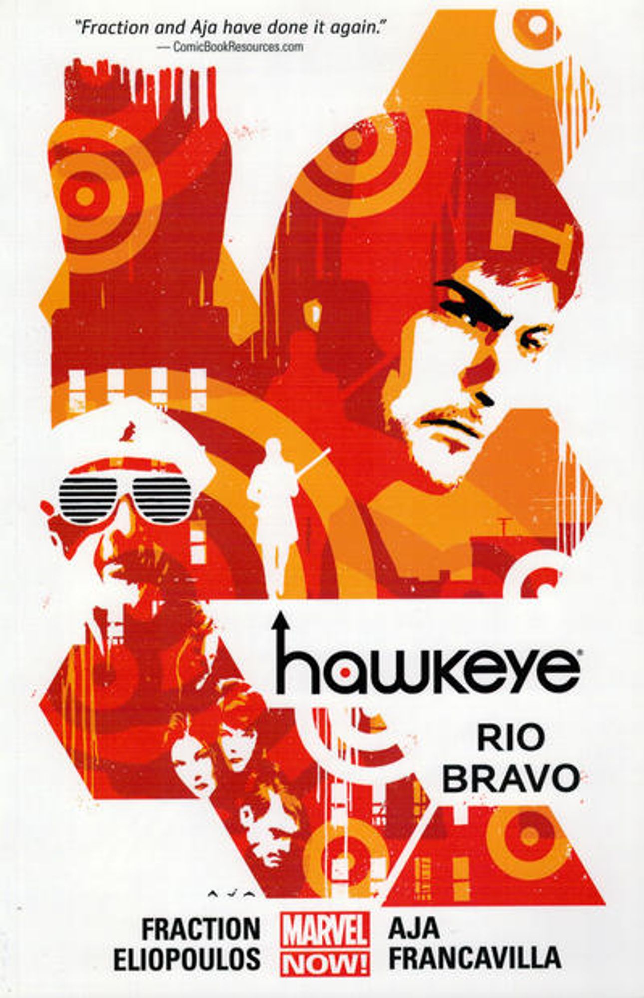 cover to Hawkeye: Rio Bravo: a collage of Clint (with an H superimposed over his forehead) and several other people with targets placed throughout the image

Cover by David Aja