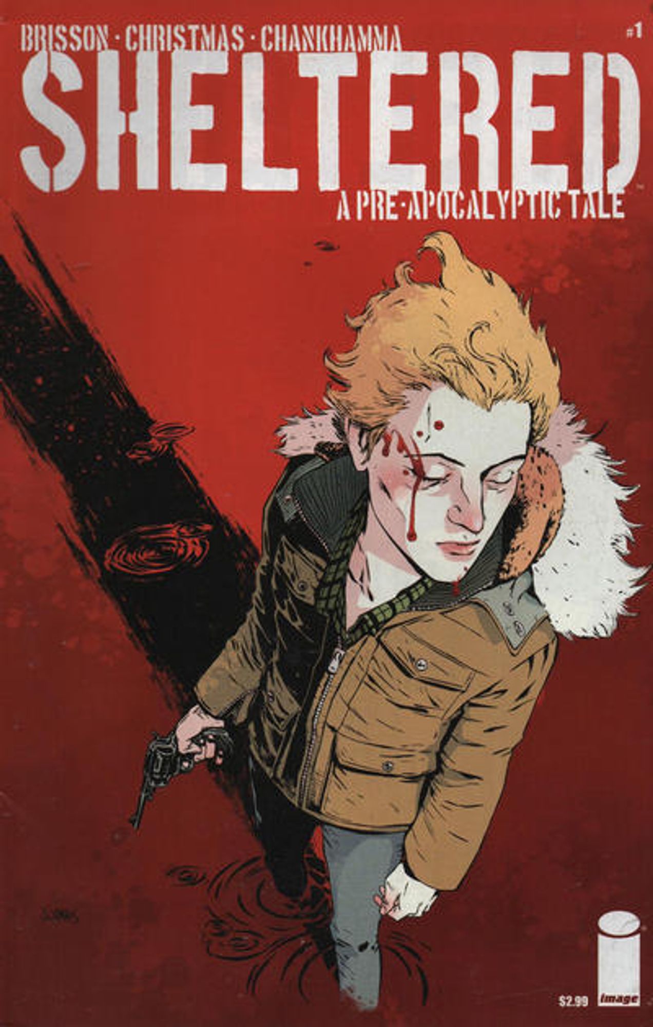 cover to Sheltered 1: overhead shot of a young man standing with his arms at his sides, a gun in his hand, and blood on his face.

Text: "A pre-apocalyptic tale"

Written by Ed Brisson
Illustrated by Johnnie Christmas

Cover by Johnnie Christmas