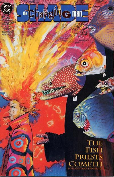 cover to Shade the Changing Man 14: Shade (with absurdly large exploding hair) faces away from five priests with fish heads.

Text: "The Fish Priests cometh"

Written by Peter Milligan
Illustrated by Bryan Talbot and Mark Pennington

Cover by Jamie Hewlett