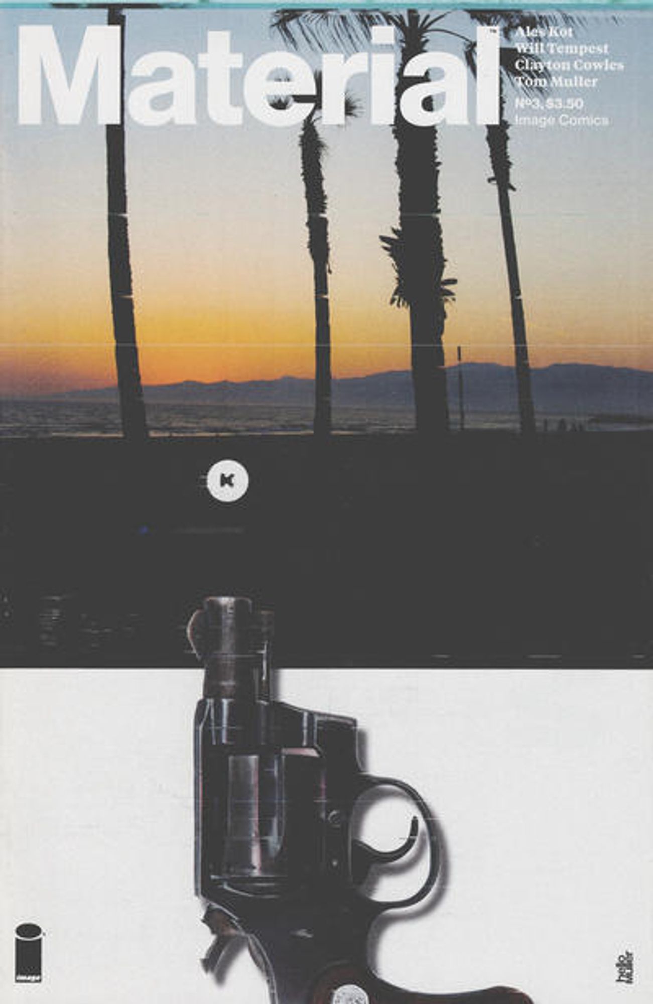 cover to Material 3: a photograph of a pistol placed under an illustration of palm trees on a beach during a sunset

Cover by Tom Muller