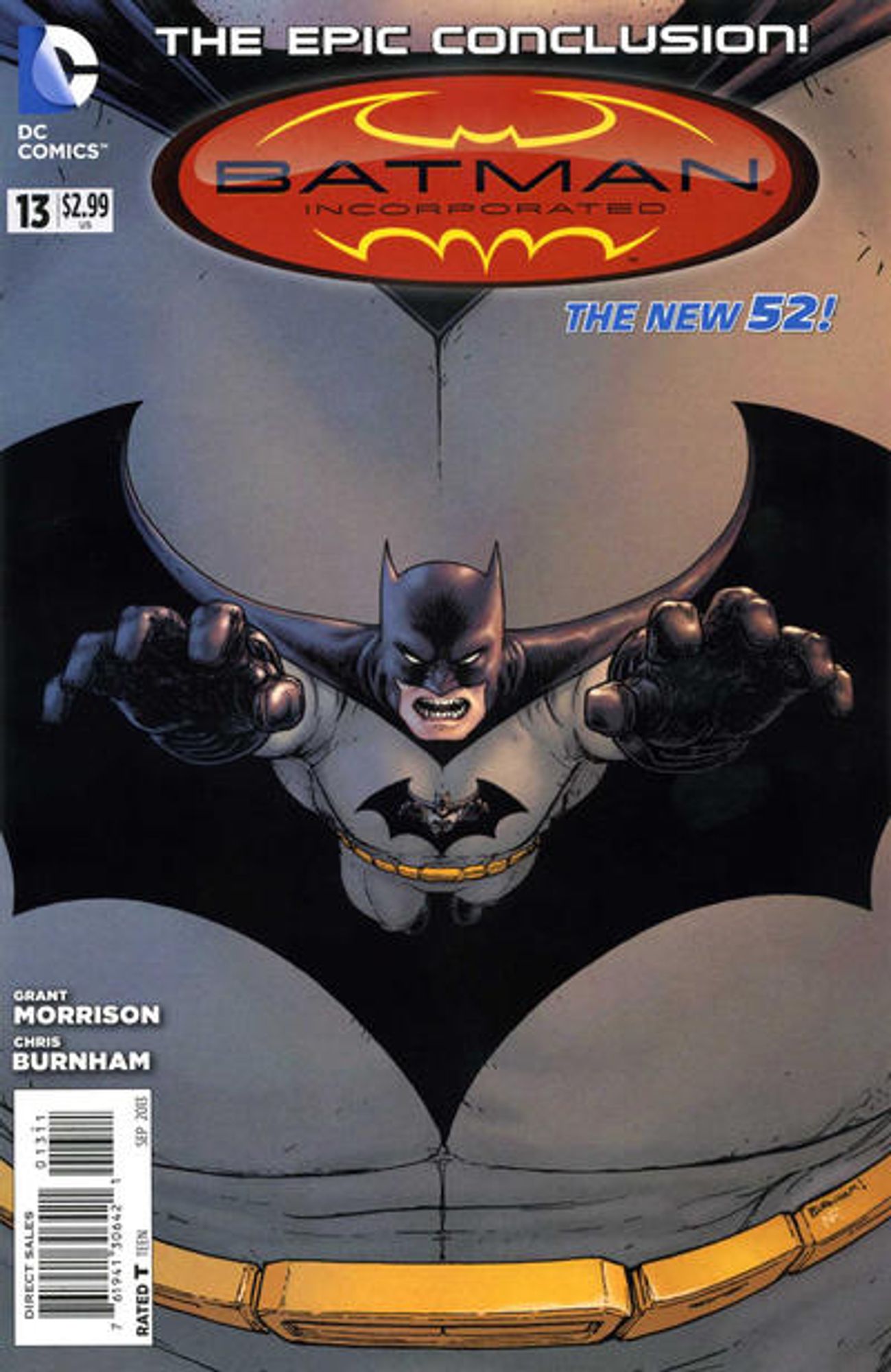 cover to Batman 13: A recursive image of Batman flying out of his own chest insignia

Text: "The epic conclusion!"

Cover by Chris Burnham