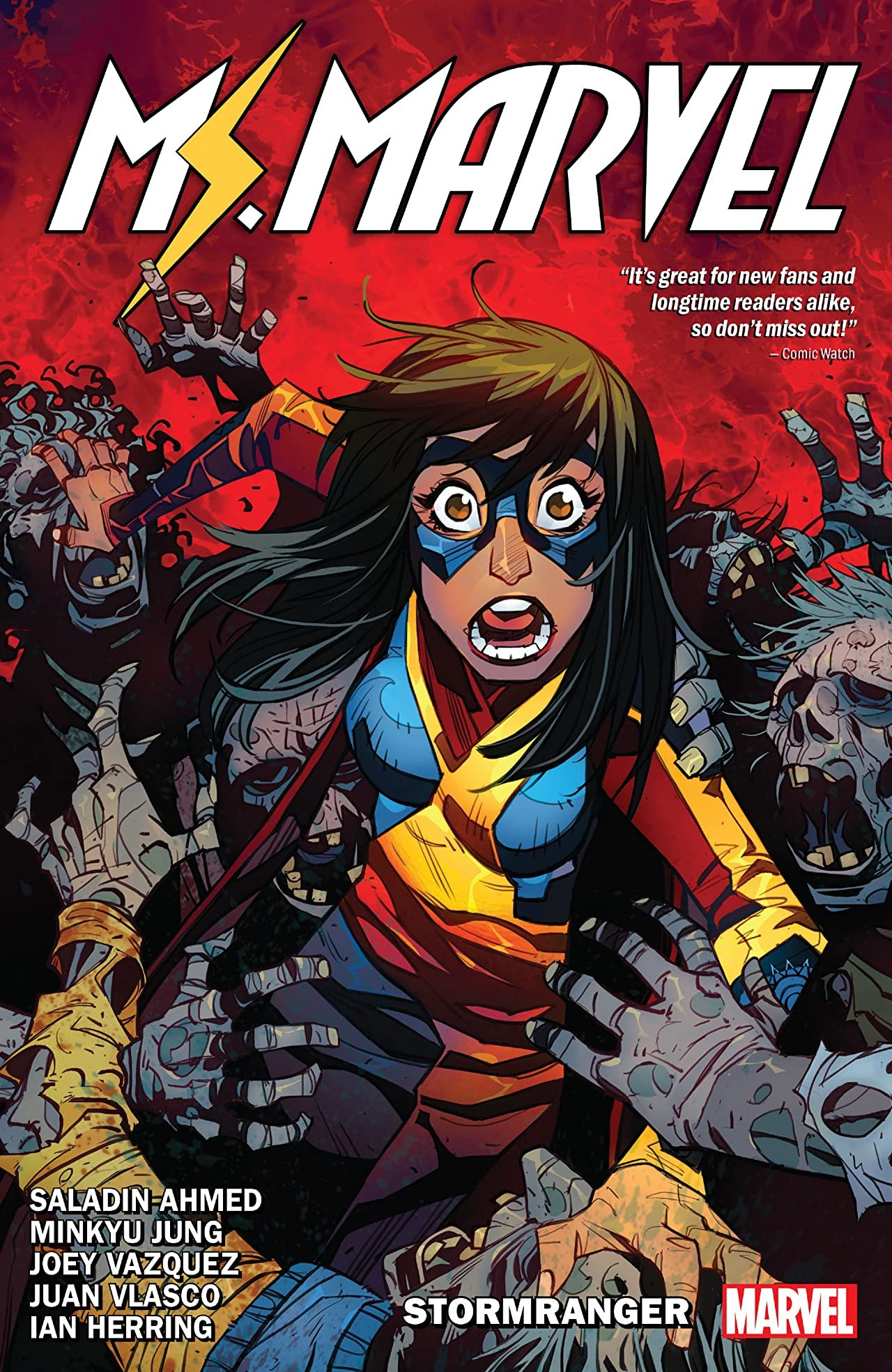 cover to Ms. Marvel: Stormranger: Kamala Kahn looks at the reader in fear as she fights several zombies.

Cover by Eduard Petrovitch