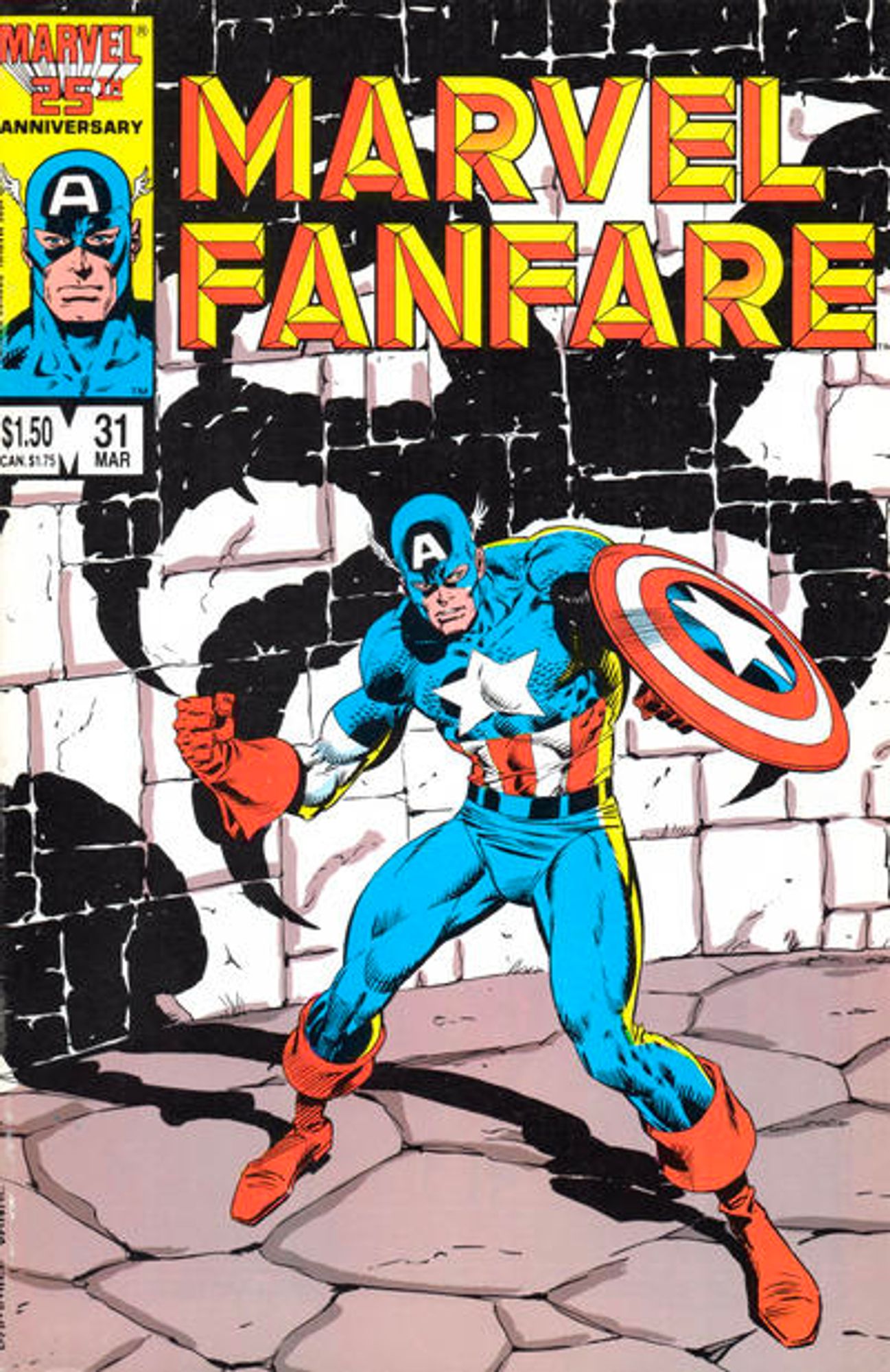 cover to Marvel Fanfare 31: Captain America stands with the shadow of the talons of a gargantuan bird on the wall behind him. 

Cover by Kerry Gammill