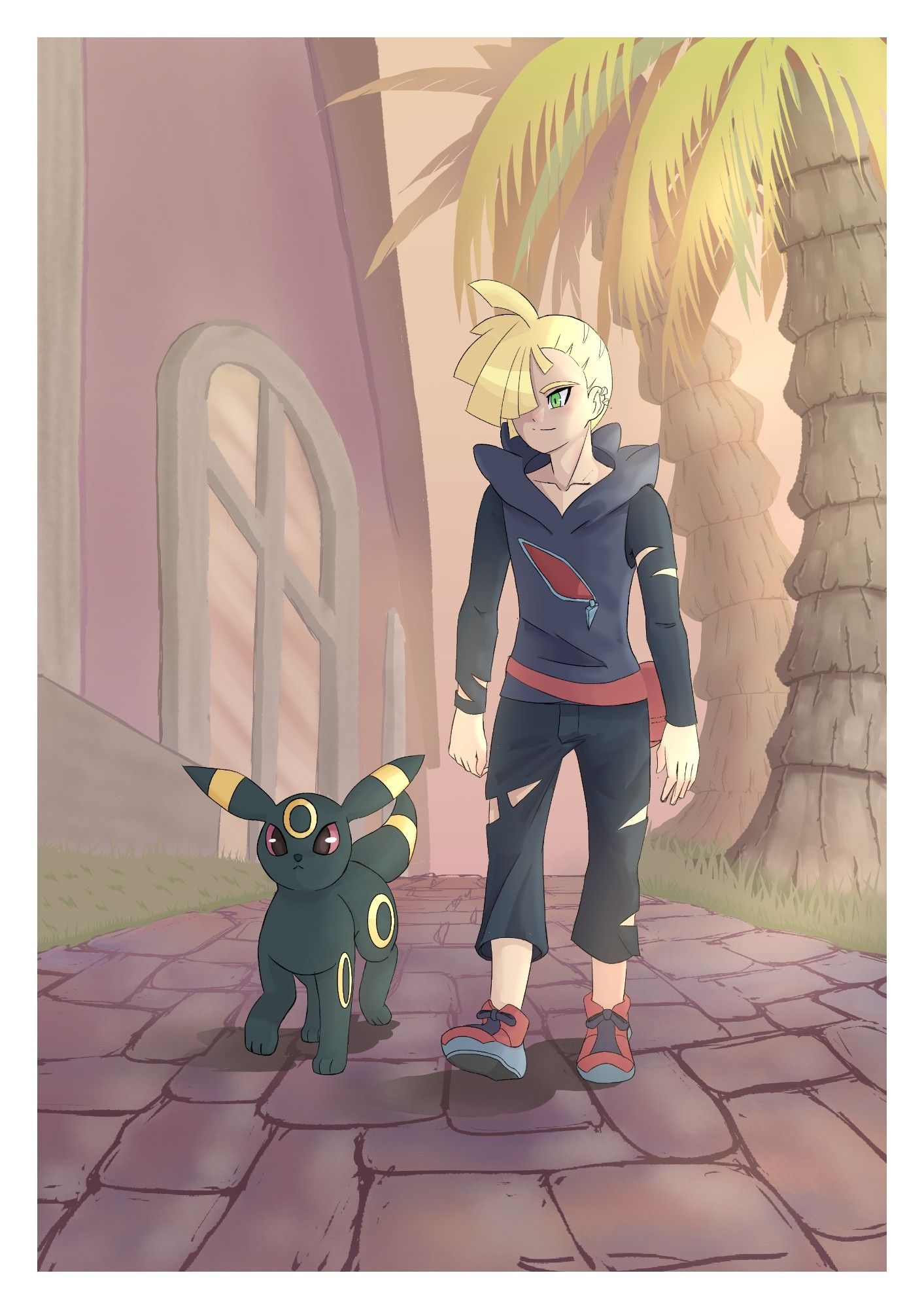 Gladion walking with his Umbreon by the beach