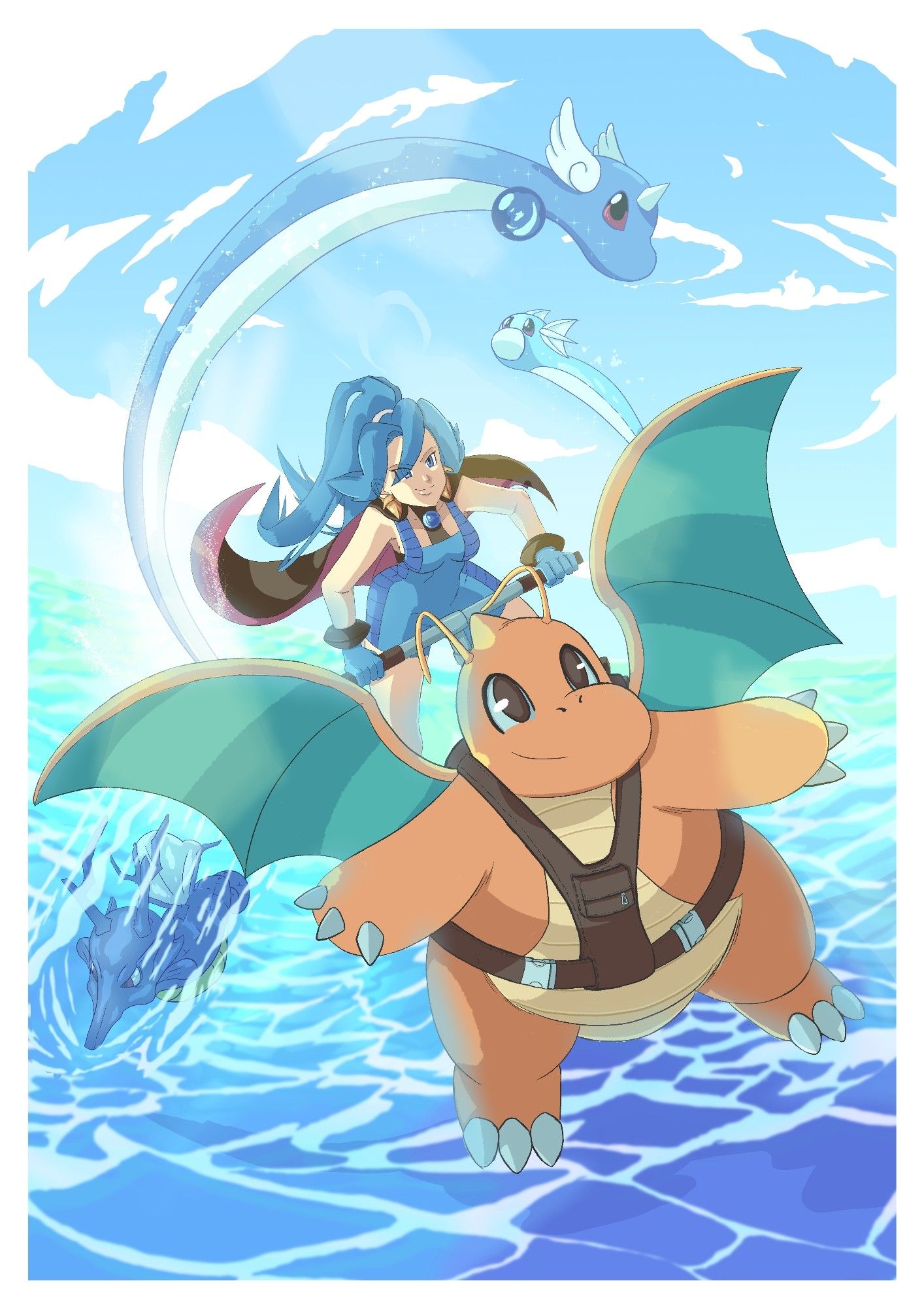 Clair riding her dragonite over the sea, followed by her Kingdra, a Dragonair and a Dratini.