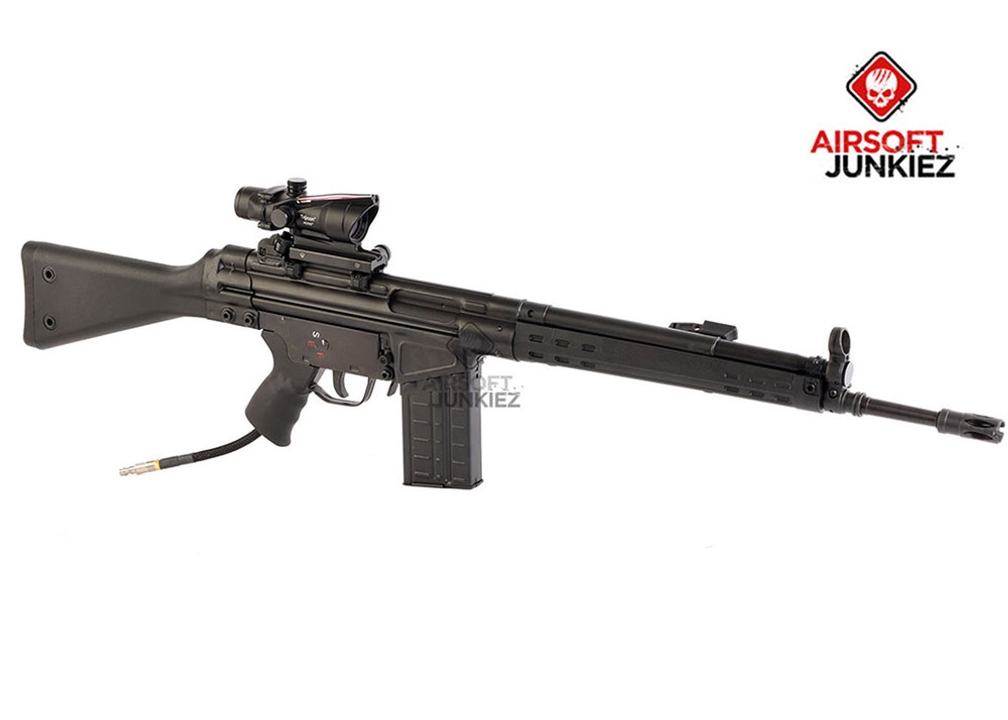 Airsoftjunkiez Custom Expert Series: LCT G3 HPA airsoft  rifle on a white background and airsoftjunkiez logo