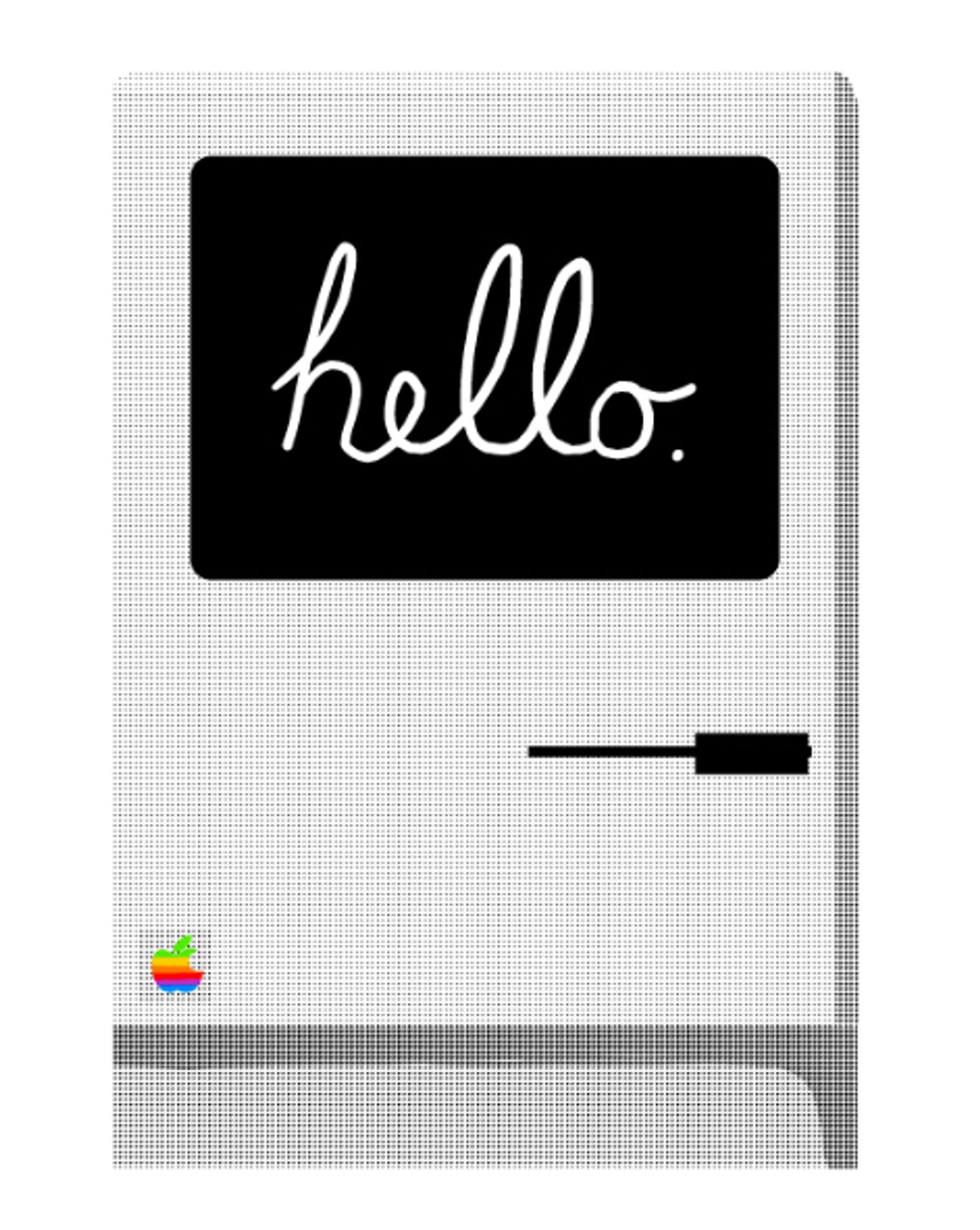 An illustration of a Macintosh 128K done with screen tone. The only color is the small Apple logo in the corner of the computer. The screen says "hello."