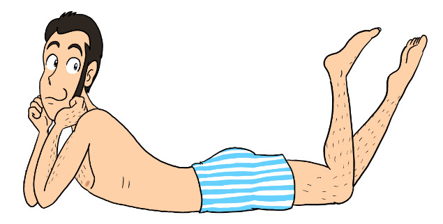 An illustration of a man with sideburns laying on his side in a pin-up pose, wearing only blue-striped boxers and a smile