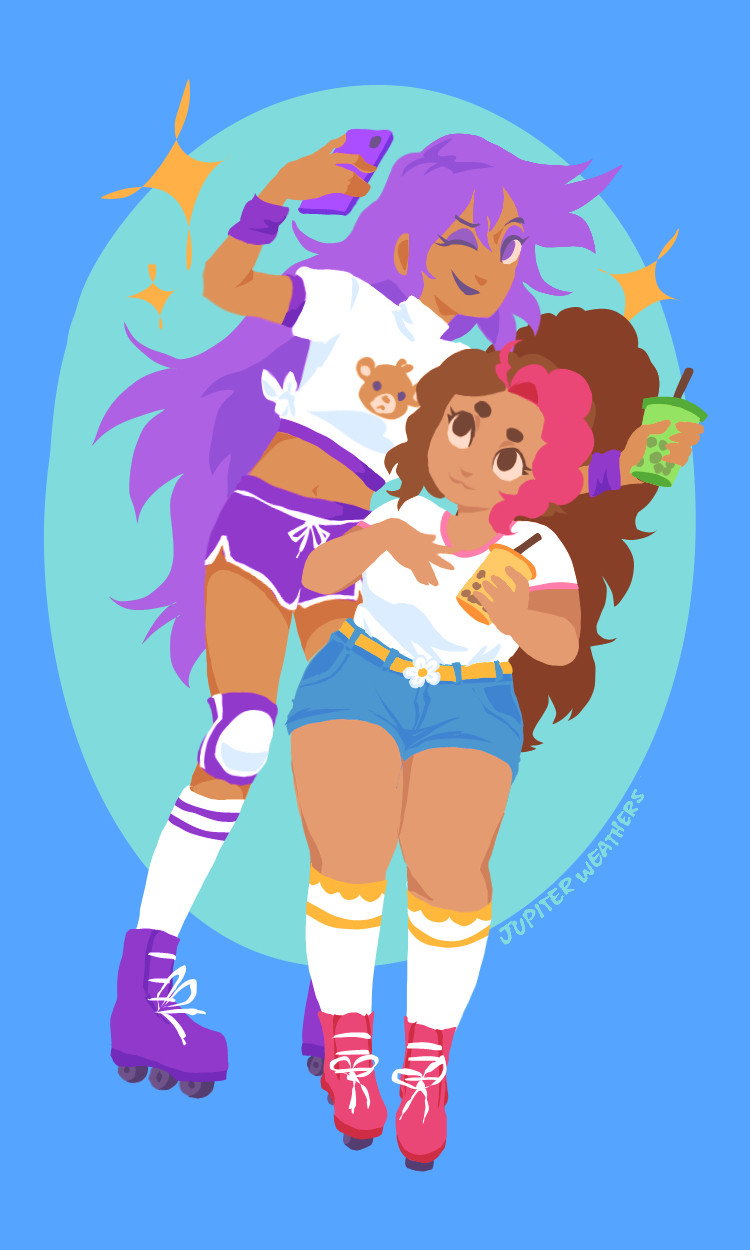 Illustration of two girls. One of them is a tall and purple-haired girl taking a selfie of herself and the other shorter brown-haired girl. Both of them are drinking boba and wearing skating outfits.