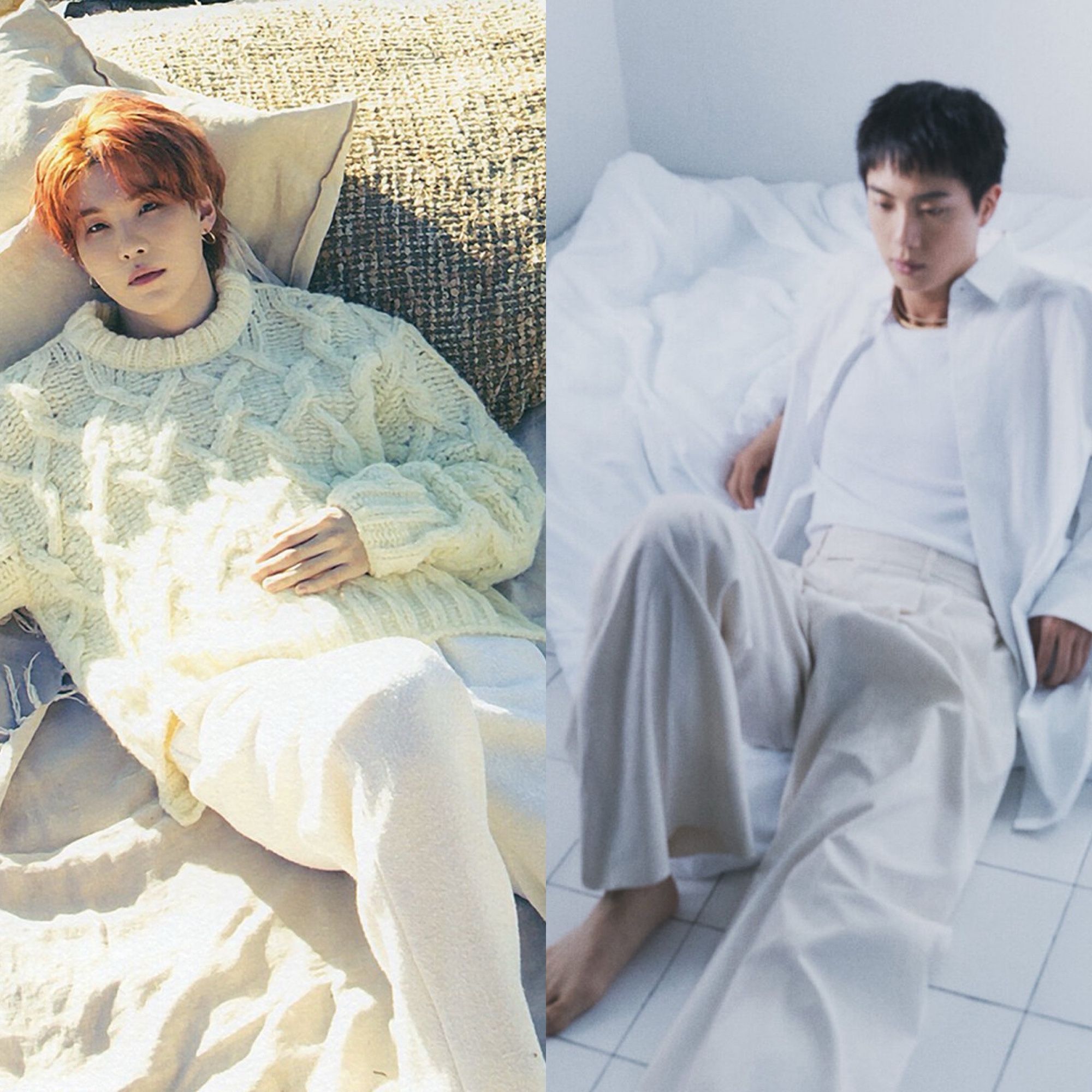 Side by side of Yoongi dressed in all white reclining on a blanket for his photofolio and Jin in all white reclining on the floor for his W Korea photo shoot.