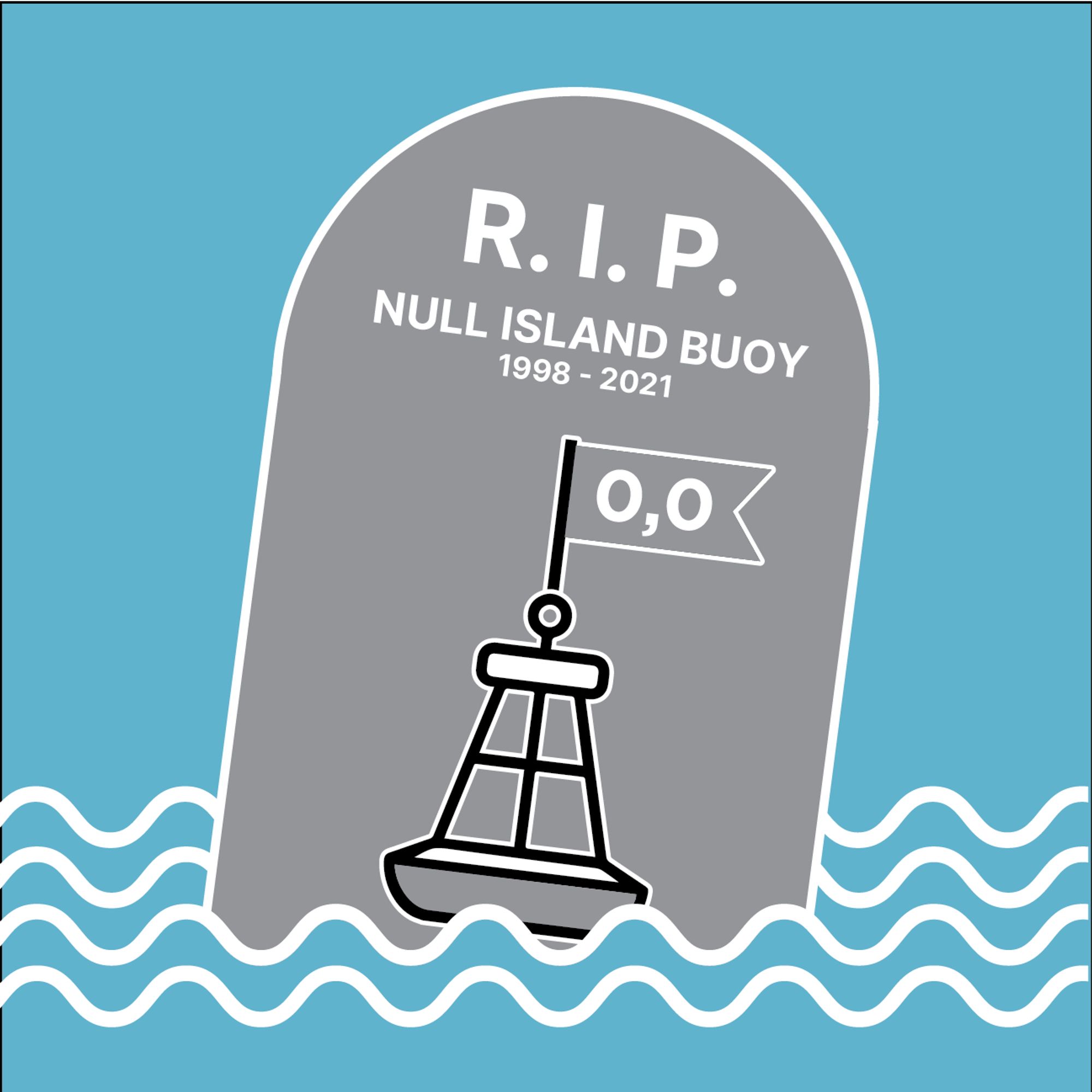 A drawing of the "Null Island Buoy" on a tombstone floating in the ocean. The text on the tombstone says "R. I. P. Null Island Buoy 1998-2021"