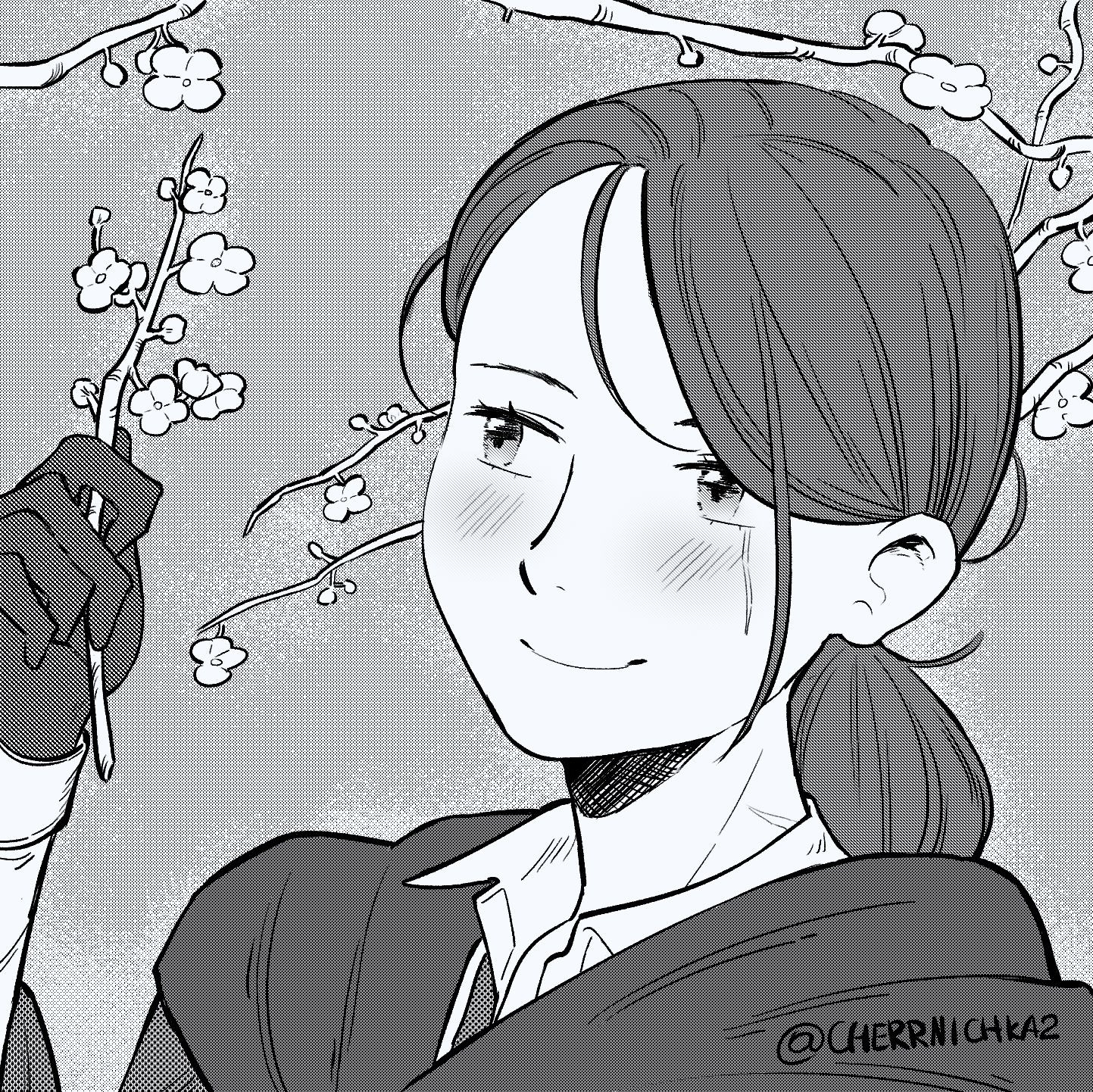 A close-up portrait of a girl with a cherry blossom branch in her hand. She has a ponytail and a scar crossing her left eye