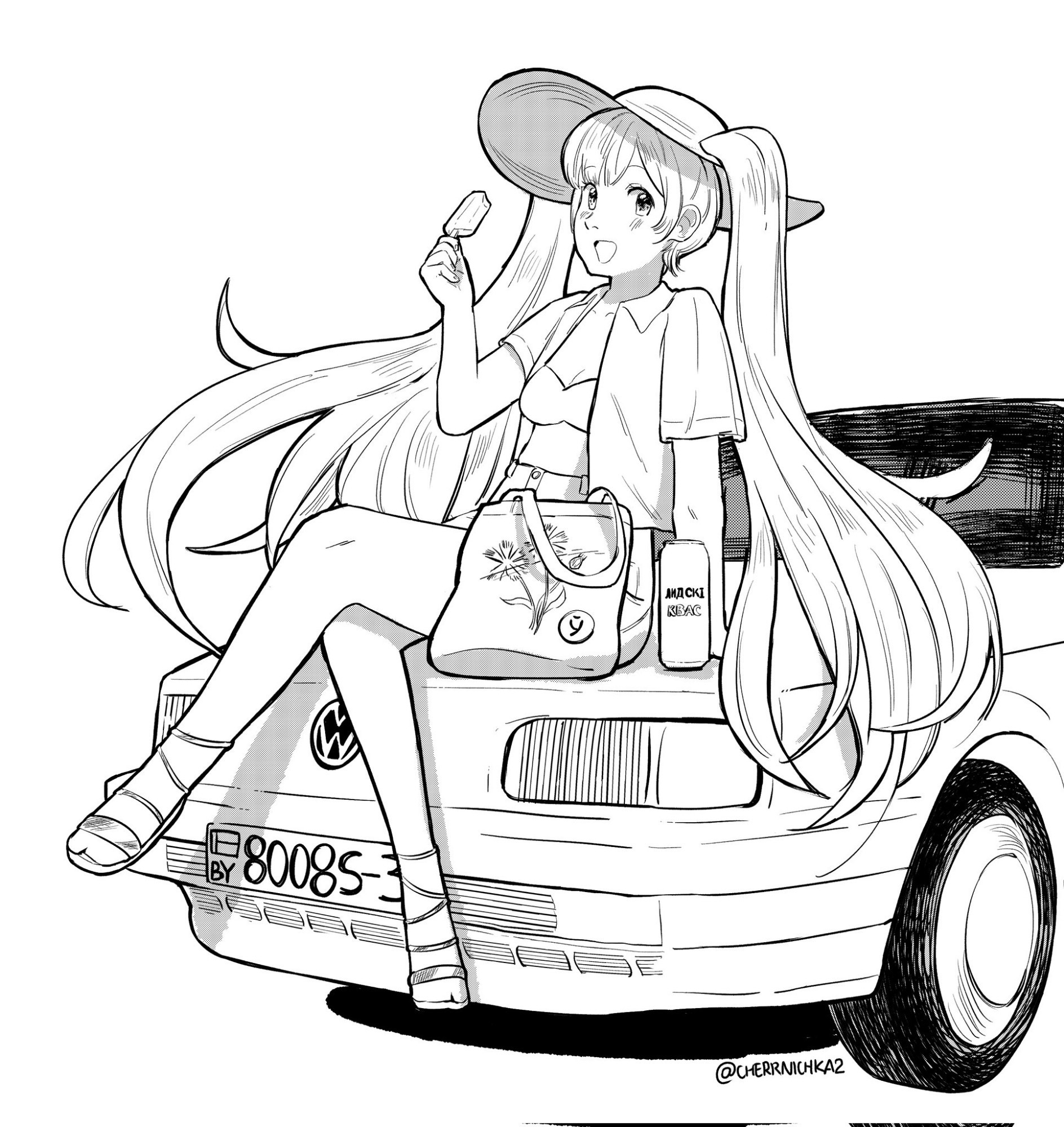 Hatsune Miku sitting on Volkswagen passat b3