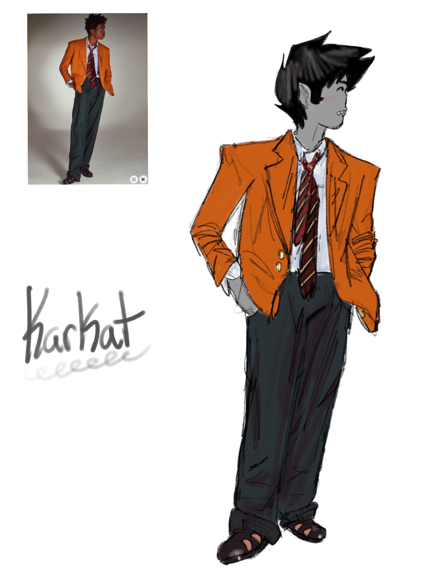 A digital drawing of Karkat from Homestuck in the same outfit and pose as a photo of a black man in an orange suit. The real photo is in the upper left corner. Both are looking to the right and slightly leaning with their hands in their pockets.